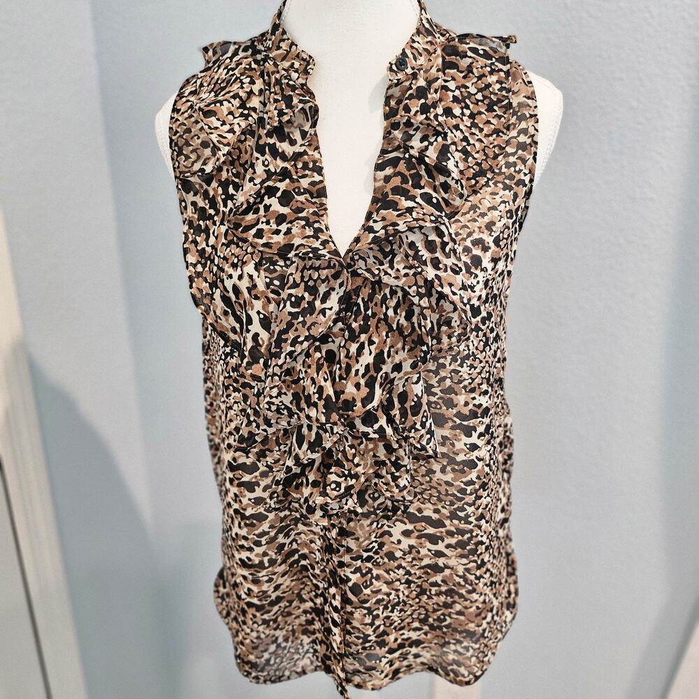 Ralph Lauren Leopard Print Button Front Sleeveless Ruffle Blouse Size 2